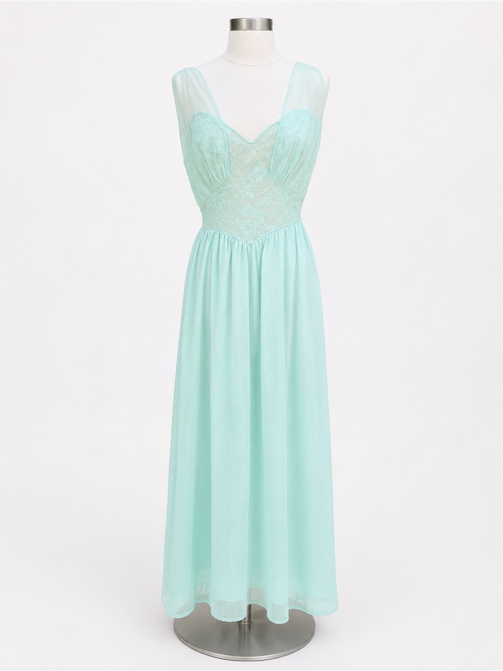 Vintage 60s Vanity Fair Aqua Nylon Lace Slip Dress Nightgown Size 36 S/M